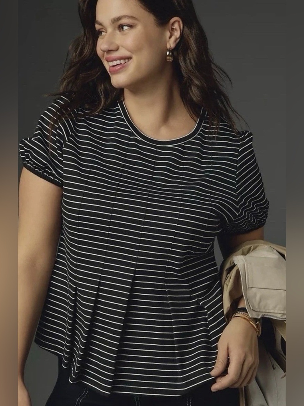 Maeve Anthropologie Black and White Striped Peplum Waist Short Sleeve Top